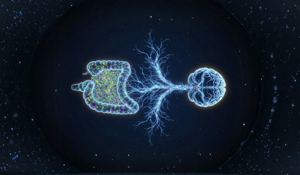 Illustration der Darm-Hirn-Achse-Verbindung mit neuronalen Strukturen.