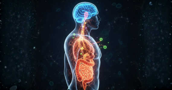 Visualisierung der Darm-Hirn-Achse im menschlichen Körper mit Verbindung zwischen Gehirn.