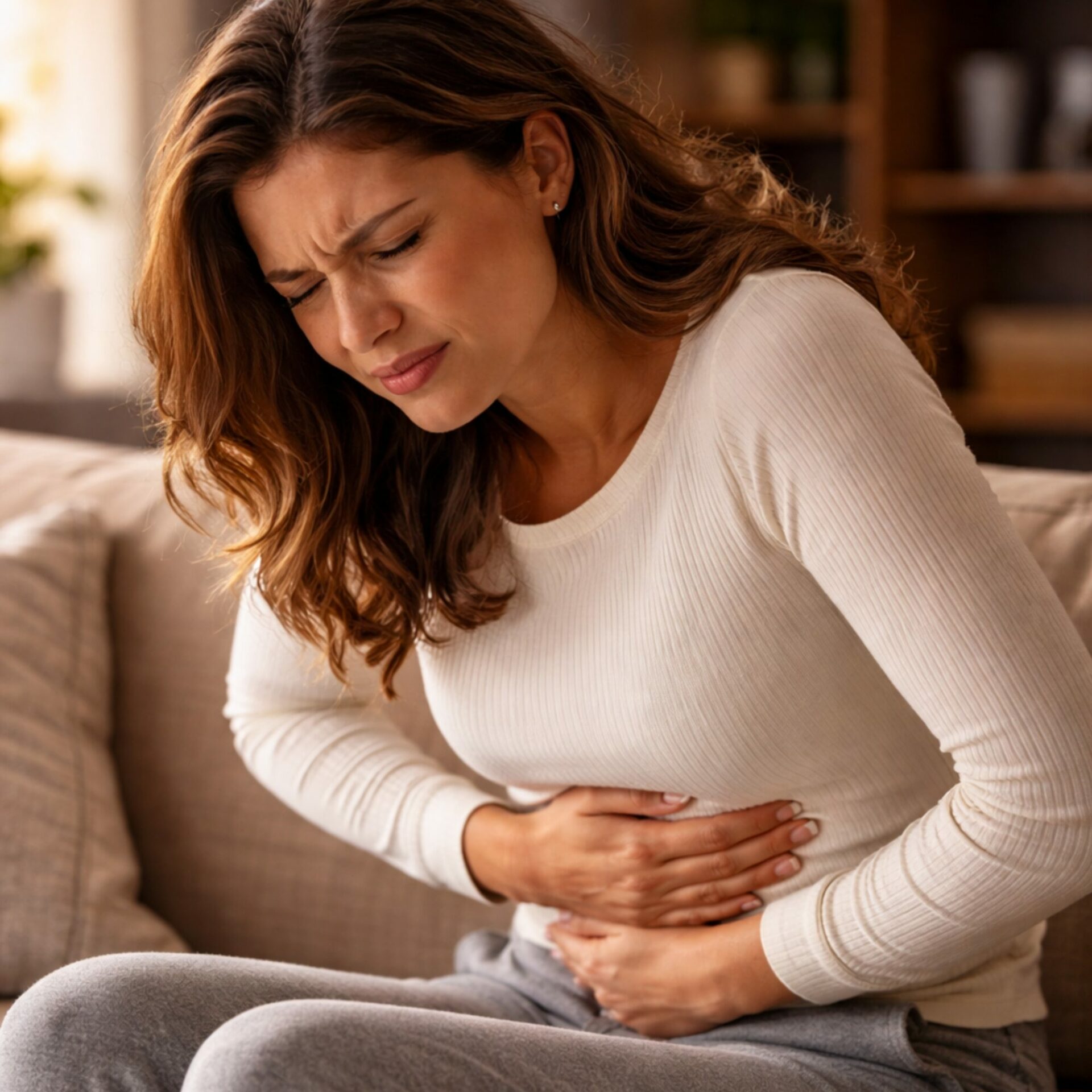 Frau sitzt auf einem Sofa und hält sich mit schmerzverzerrtem Gesicht den Bauch beim Reizdarmsyndrom
