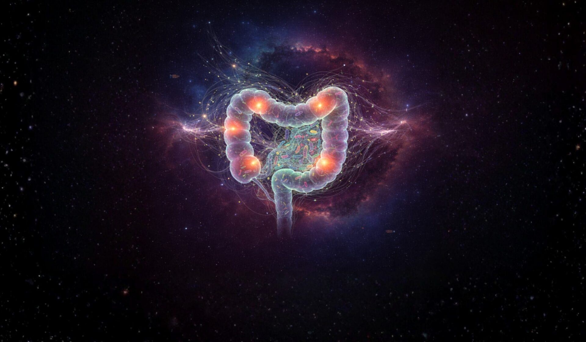 Illustration eines Darms beim Reizdarmsyndrom mit Mikroorganismen und neuronalen Verbindungen