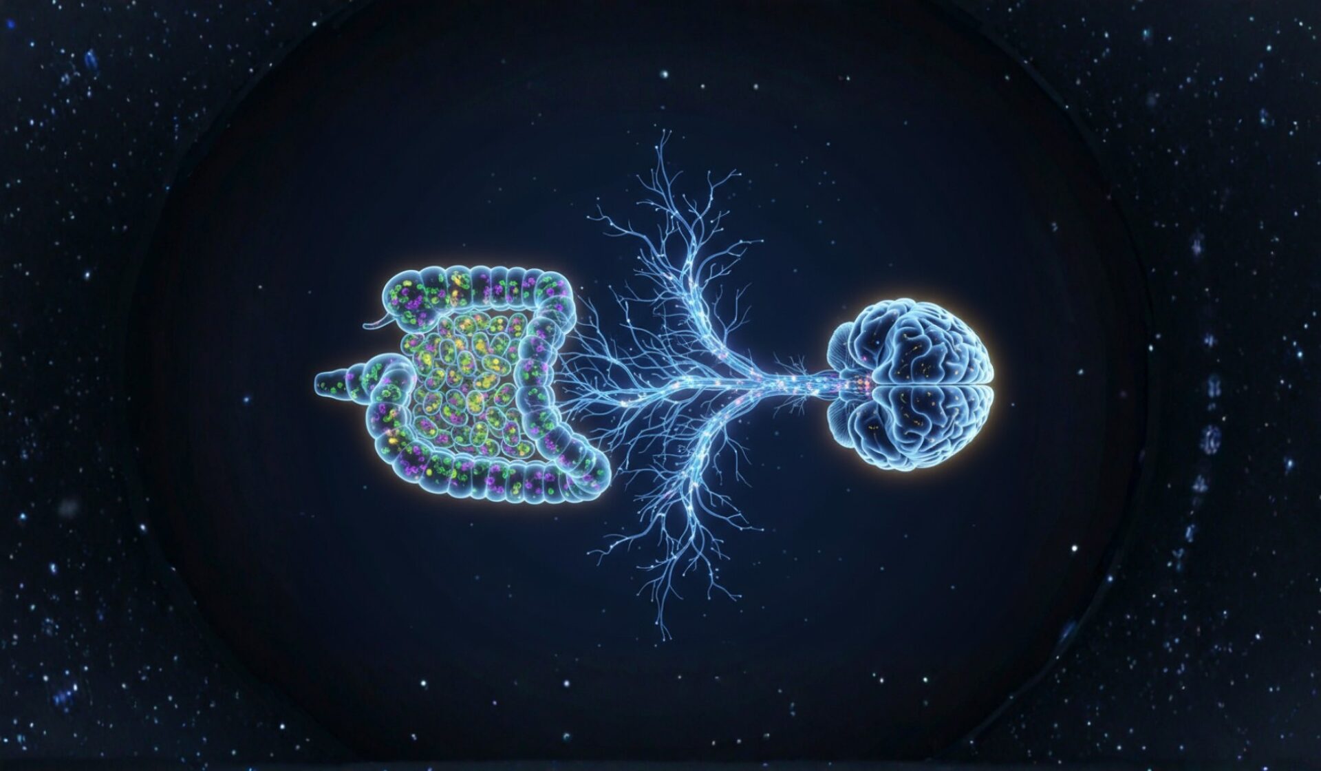 Illustration der Darm-Hirn-Achse-Verbindung mit neuronalen Strukturen.